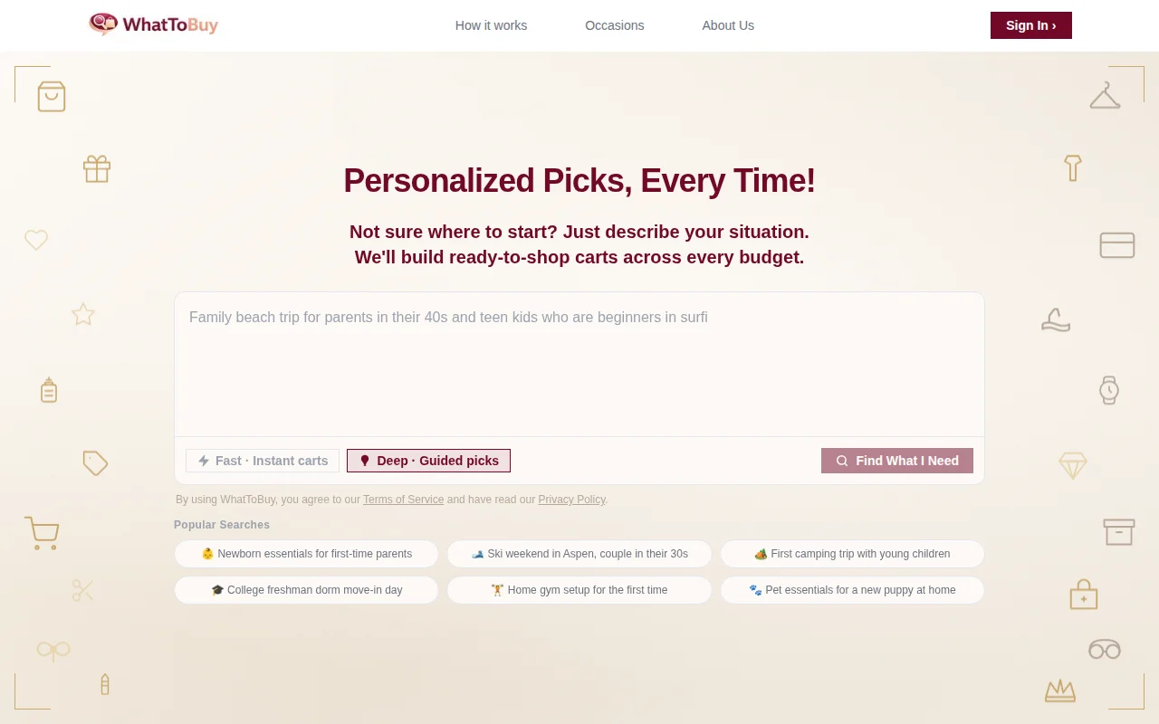 WhatToBuy – Describe your situation, get AI-curated shopping carts