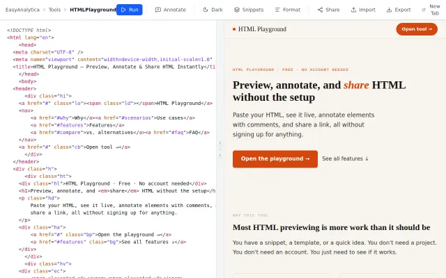 HTML/React/Tailwind snippet preview, annotation and secure sharing tool