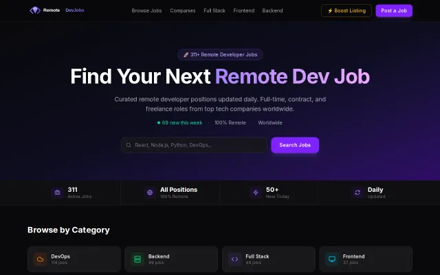 RemoteDevJobs – AI-curated remote developer positions (311 active)