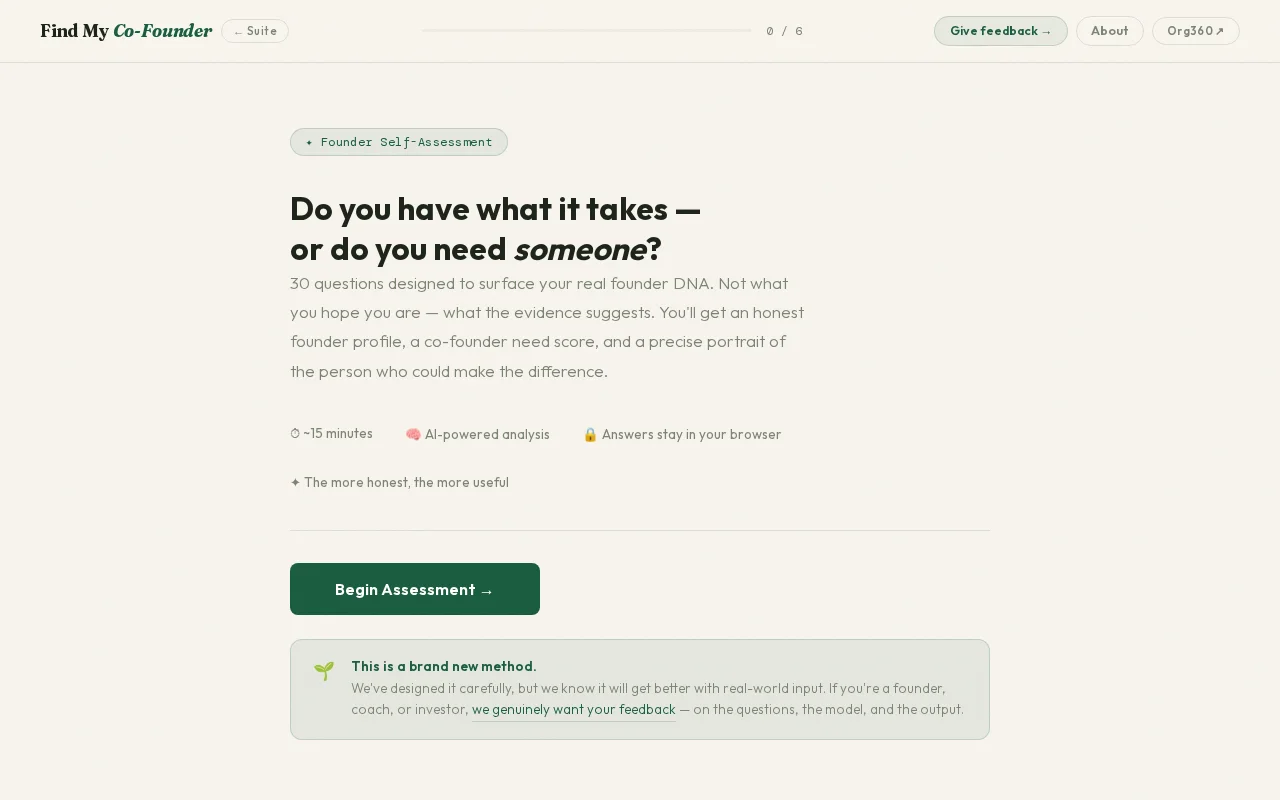 Find My Co-Founder – founder DNA assessment with AI match report