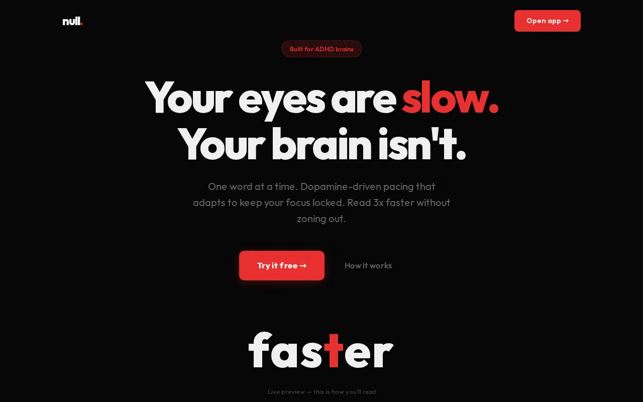 Null. – Free RSVP speed reader built for ADHD brains