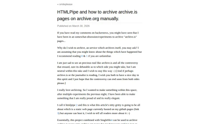 HTMLPipe, and how to archive archive.is pages on archive.org manually