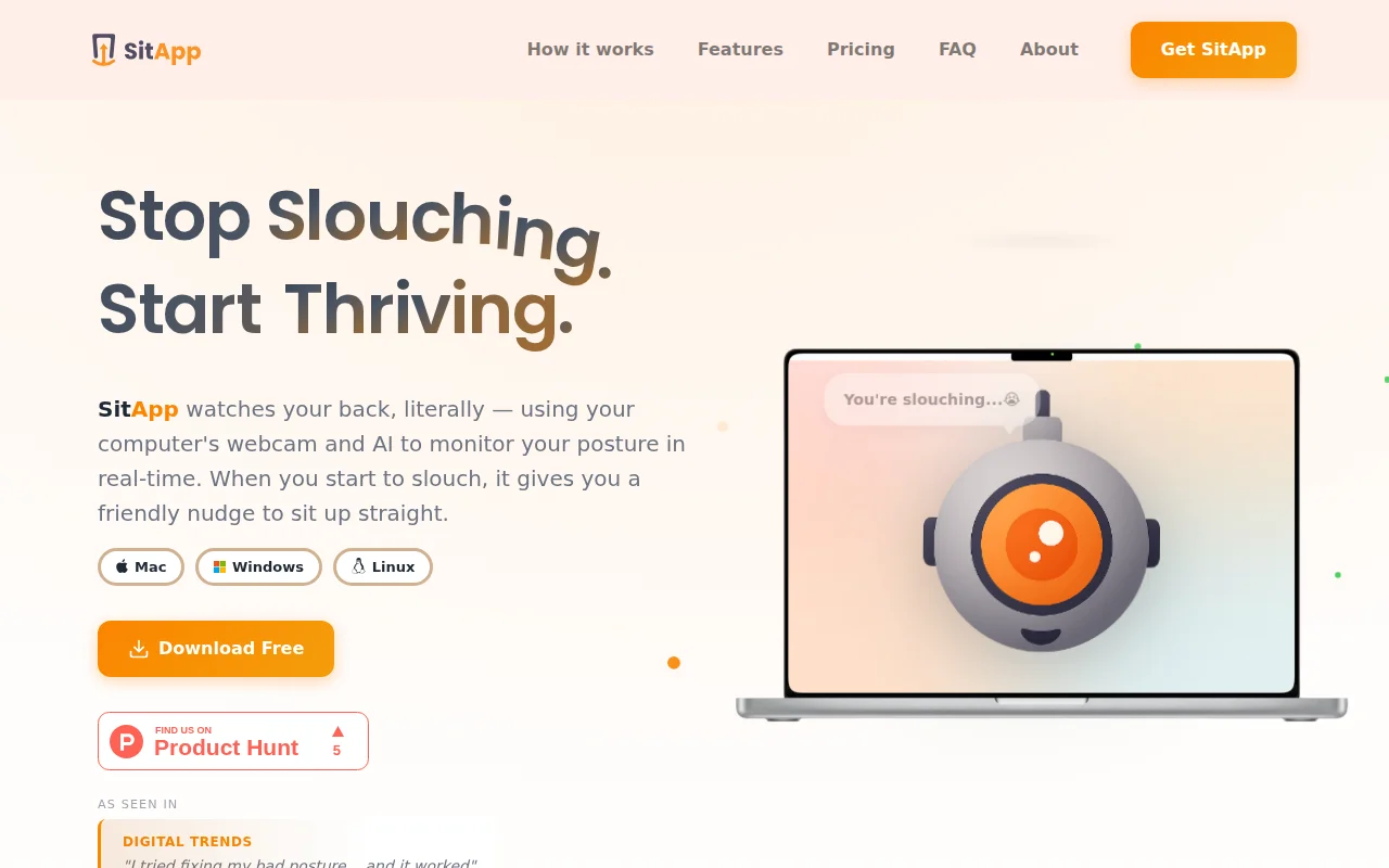 SitApp – On-device AI posture monitoring (no video leaves your machine)