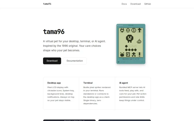 Tama96 – A virtual pet for your desktop, terminal, or AI agent