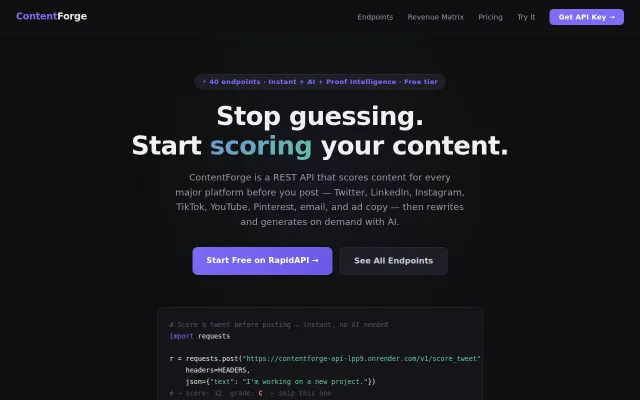 ContentForge – Content scoring API (42 endpoints, 12 platforms)