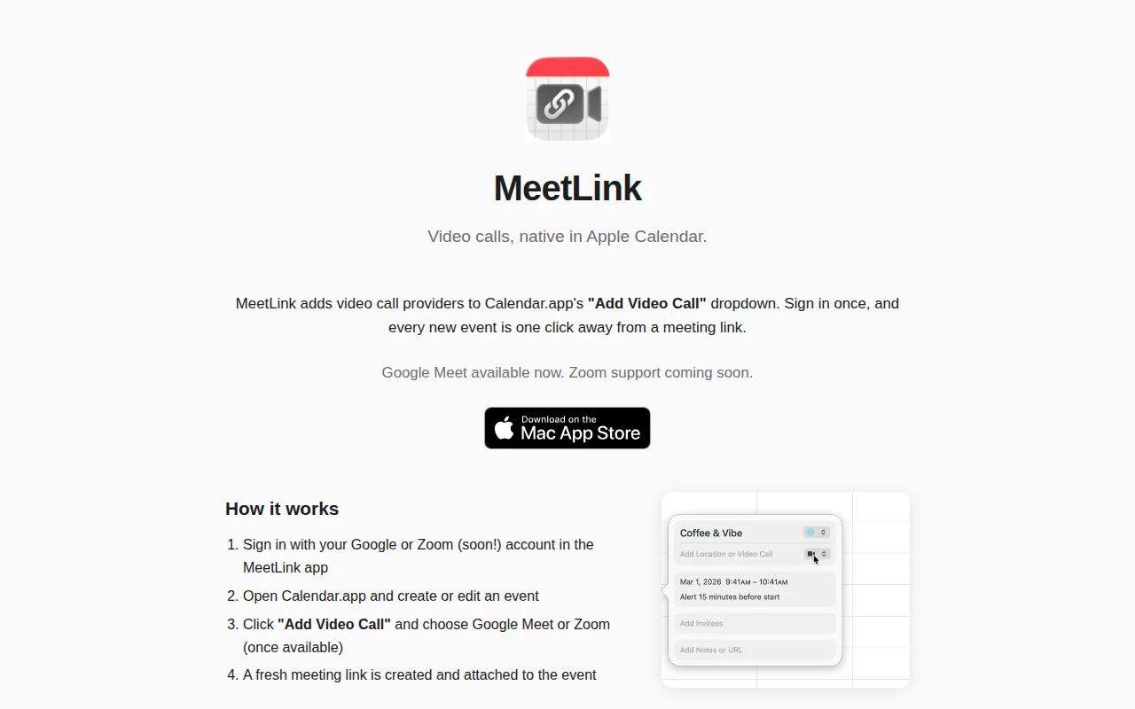 I use macOS calendar and have calls. MeetLink adds vid links to events
