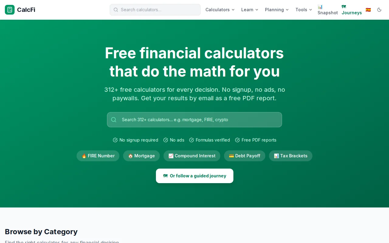 CalcFi – 160 free financial calculators, no ads, no signup