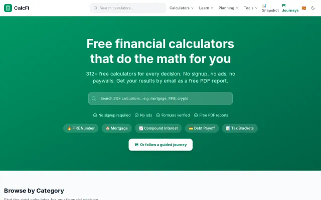 CalcFi – 160 free financial calculators, no ads, no signup