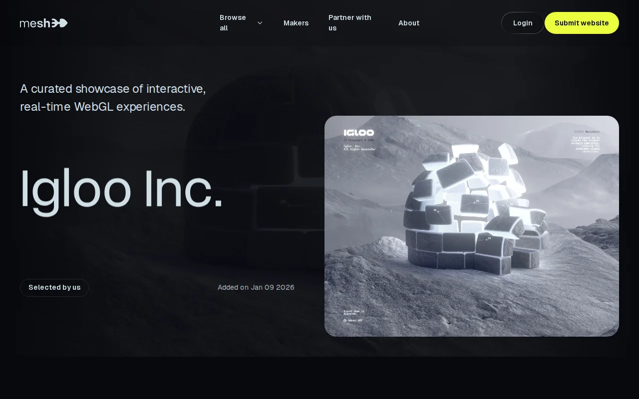 Mesh3d.gallery – hand-picked gallery of 3D websites (Three.js, WebGL)