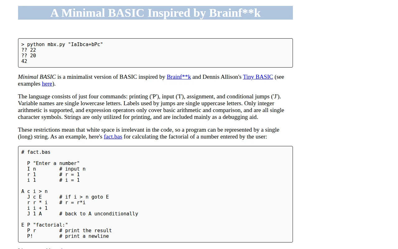 A Minimal Basic Inspired by Brainfuck