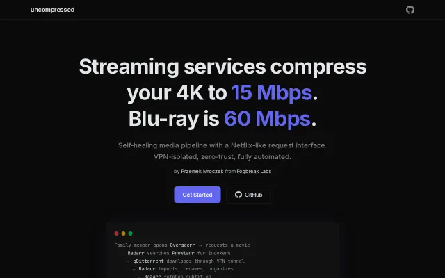 Uncompressed – Self-hosted Netflix alternative at 60 Mbps instead of 15