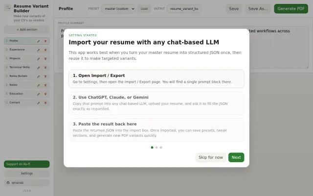 Local-first resume generator with in-browser PDF rendering