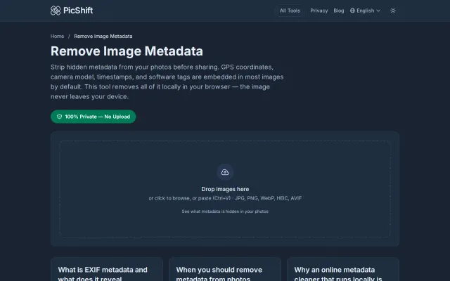 Browser-based EXIF remover – no upload, runs offline via WASM