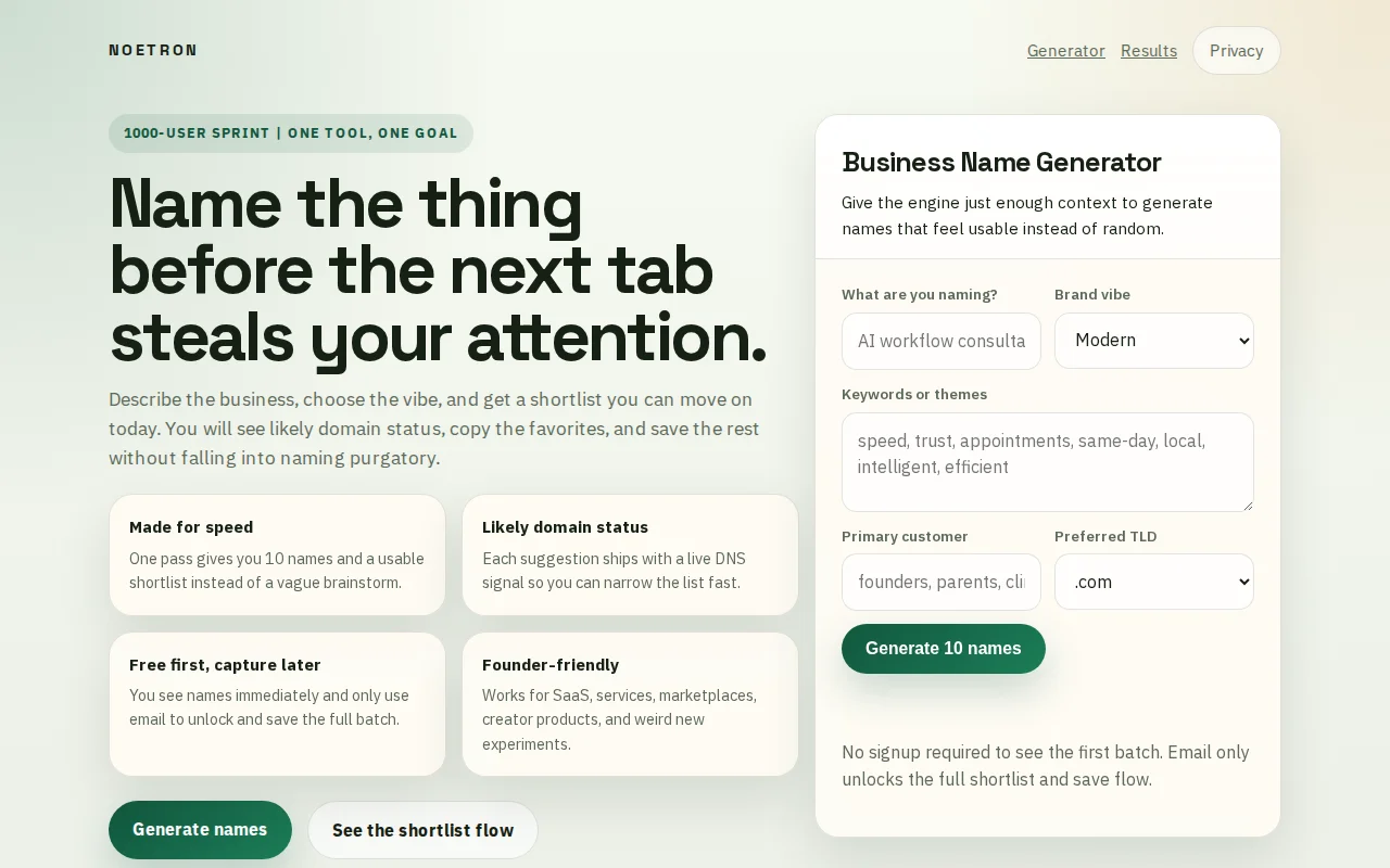 Free AI Business Name Generator with Domain Screening