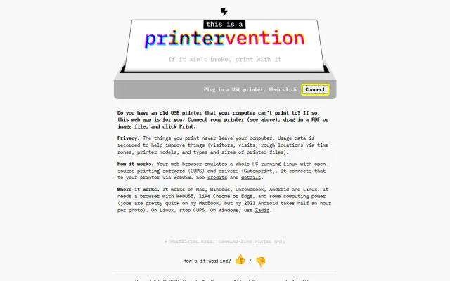 A web app to rescue old printers, using Linux in a v86 VM plus WebUSB
