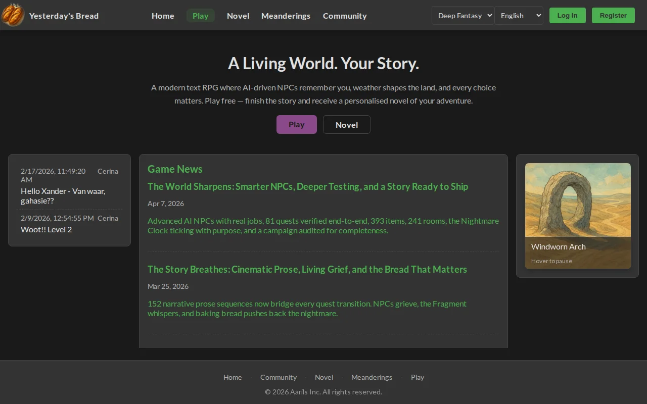 Yesterday's Bread – a modern MUD with AI NPCs and a personalised novel