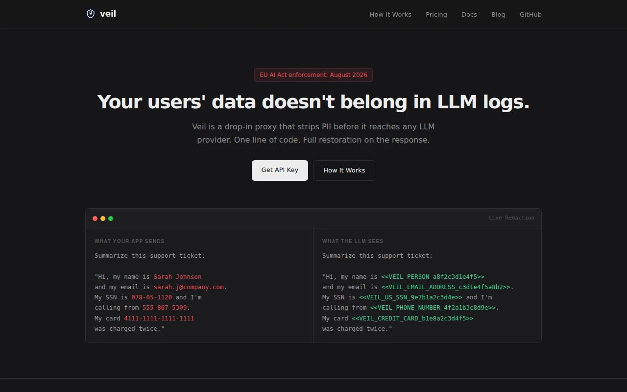 Veil a Drop-in PII redaction proxy for any LLM API