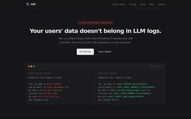 Veil a Drop-in PII redaction proxy for any LLM API