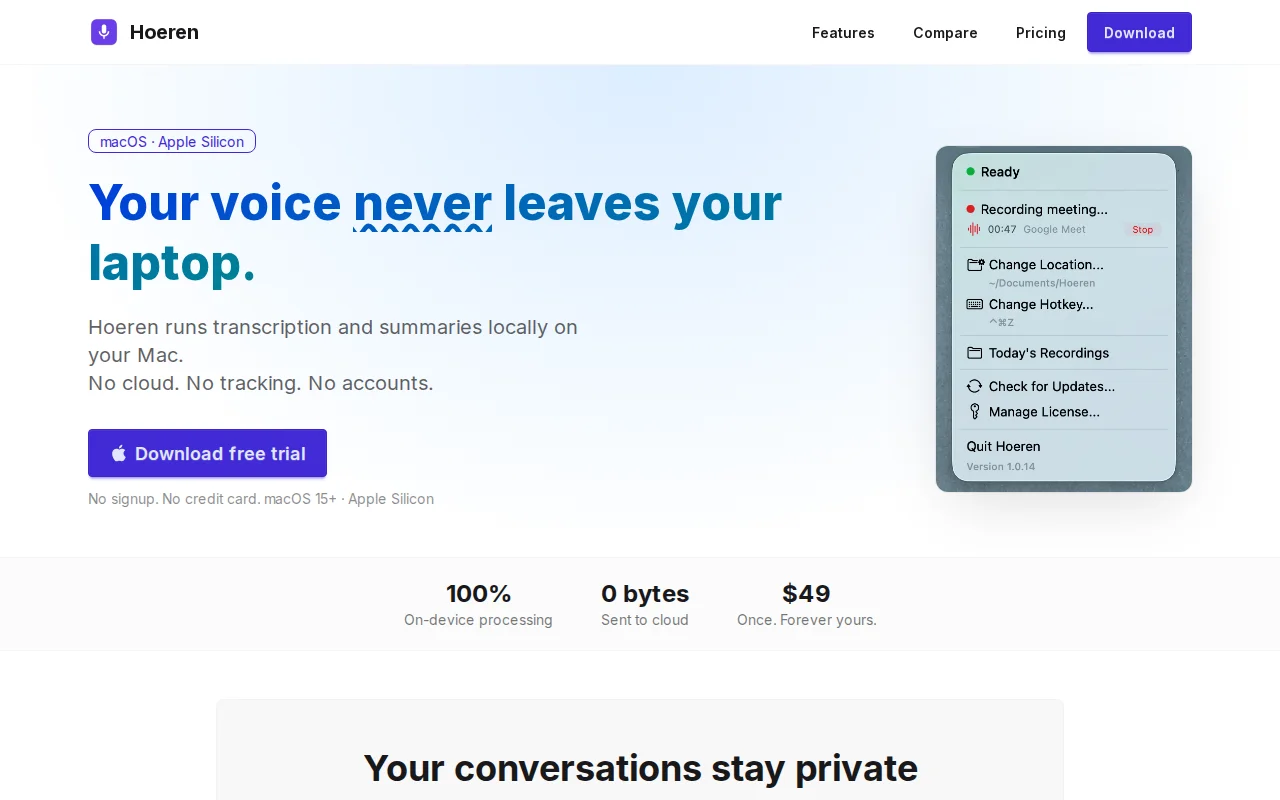 Hoeren – Local-only meeting transcription and voice dictation