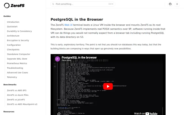 PostgreSQL running in a browser tab, persisting to S3