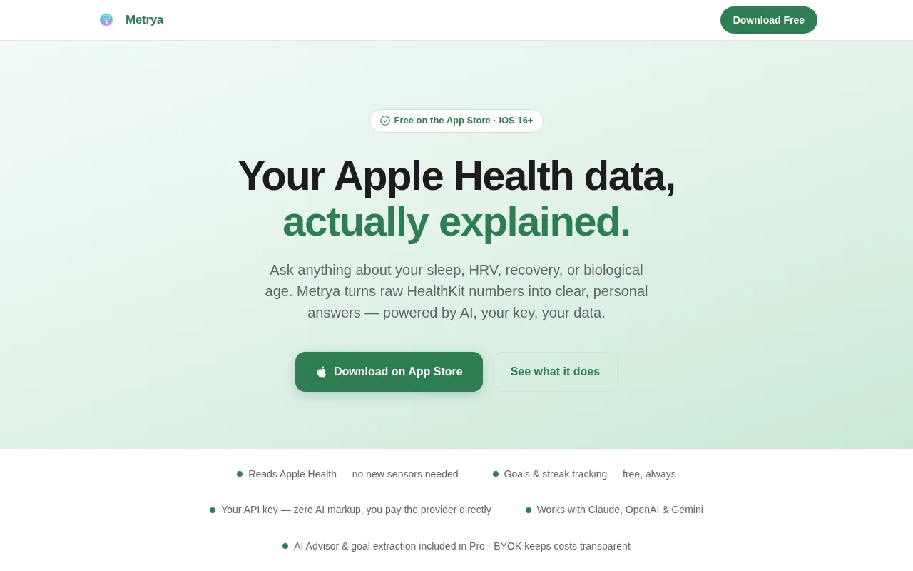 Metrya – Private HealthKit AI advisor with your own LLM key
