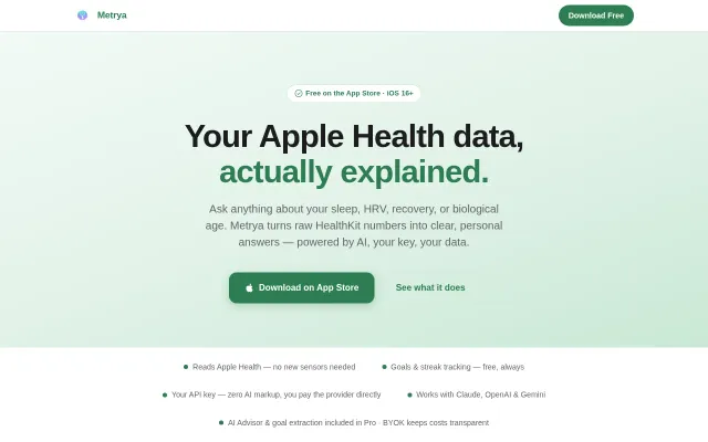 Metrya – Private HealthKit AI advisor with your own LLM key