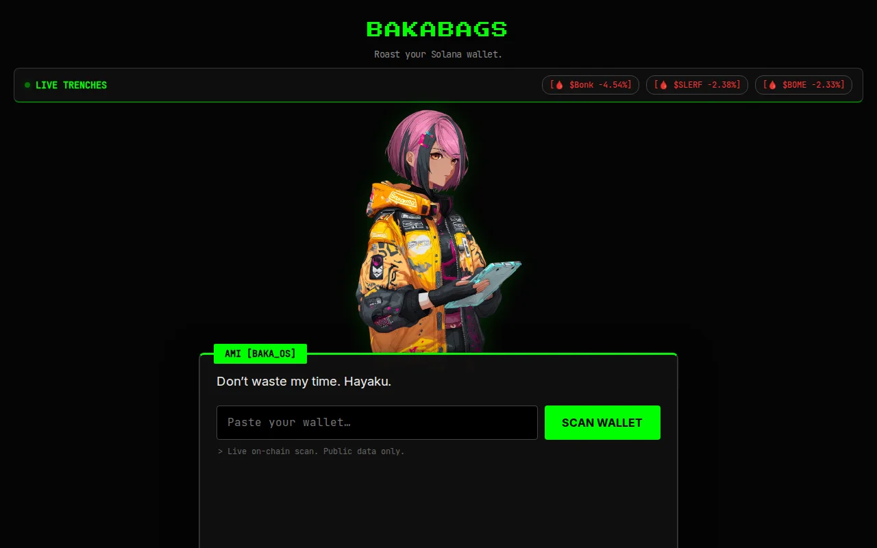 BakaBags, a tsundere AI that roasts yours Solana wallets