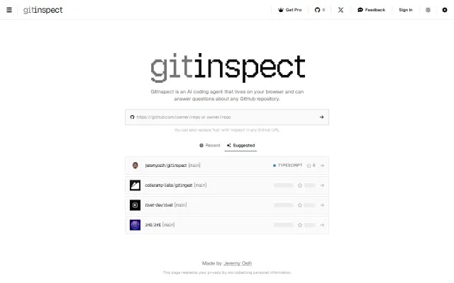Replace "hub" with "inspect" on any GitHub url and chat with any repo