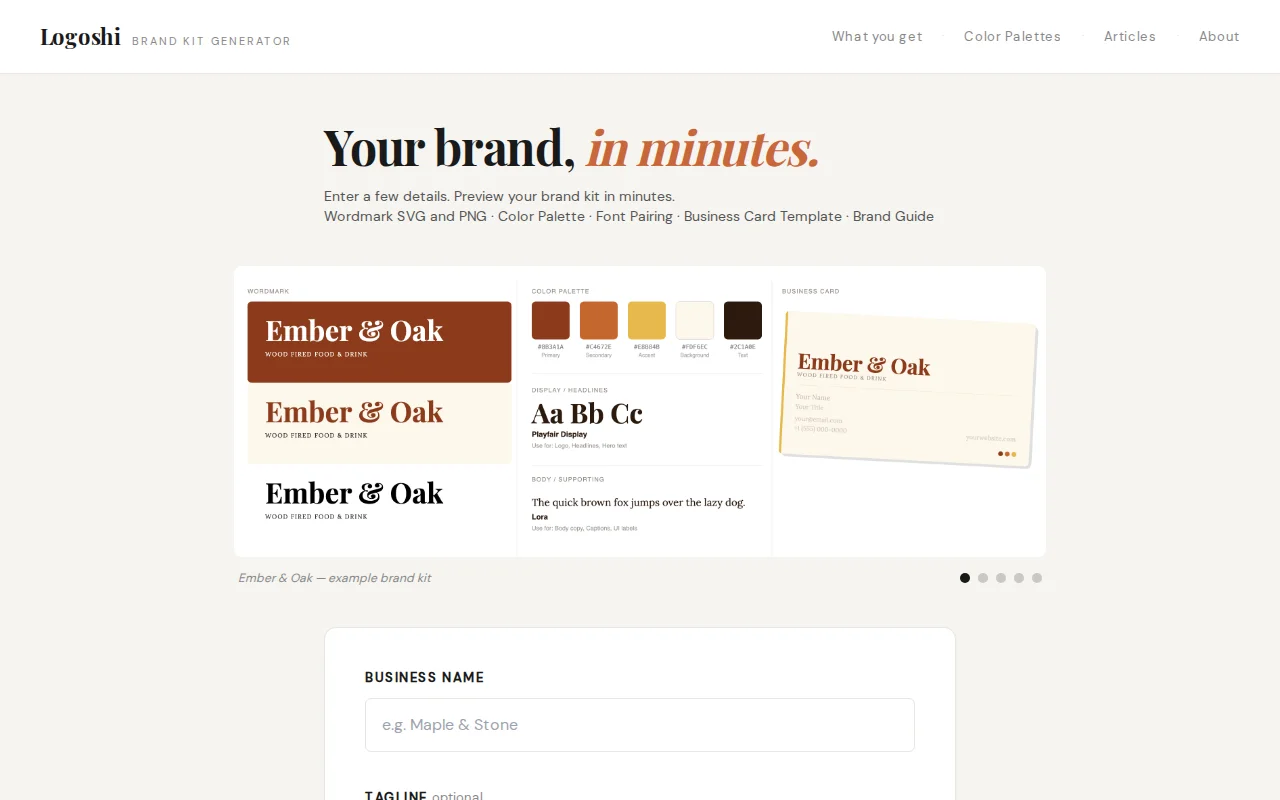 Logoshi, a brand kit generator for solo founders