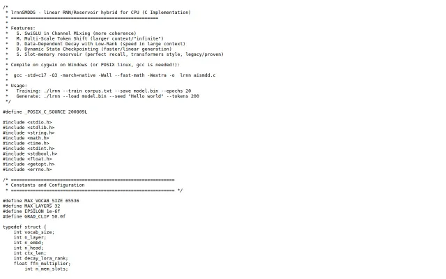 Linear RNN/Reservoir hybrid generative model, one C file (no deps.)