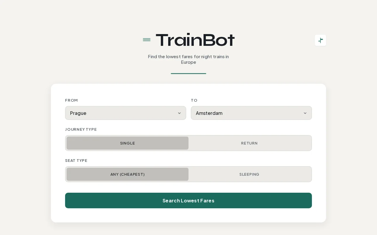 Search cheap night train tickets in Europe