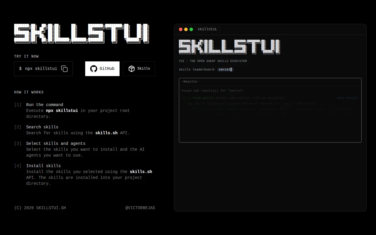 I build skillstui – TUI to search-install agent skills from skills.sh