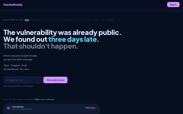 HackerBuddy – security breach alerts in 2 sentences