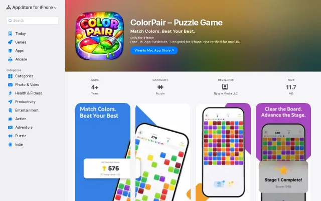 ColorPair – A free color-matching puzzle game for iOS