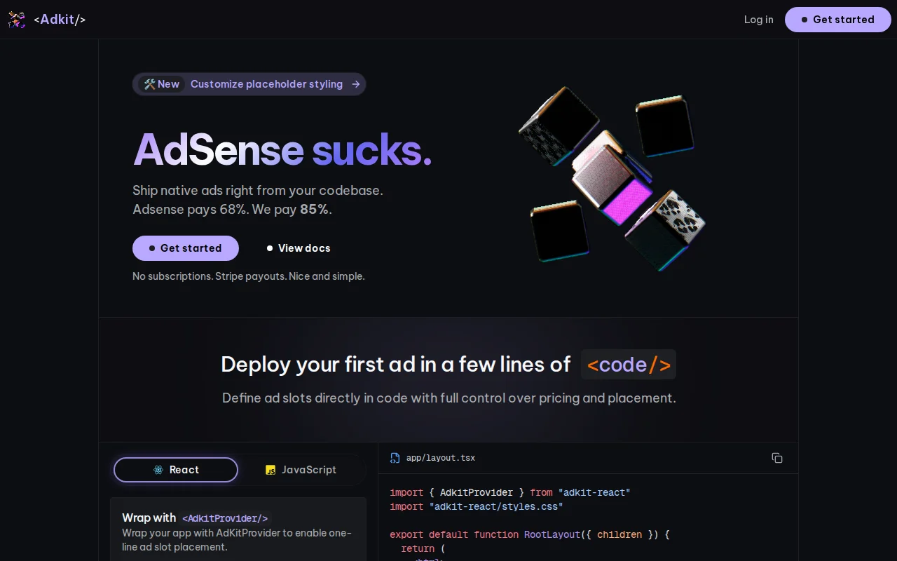 Run ads with code, earn 17% more than AdSense