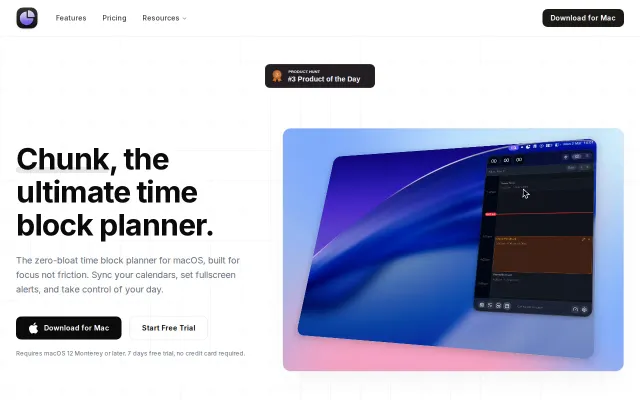 Chunk – macOS menu bar time-blocking app with Claude AI integration