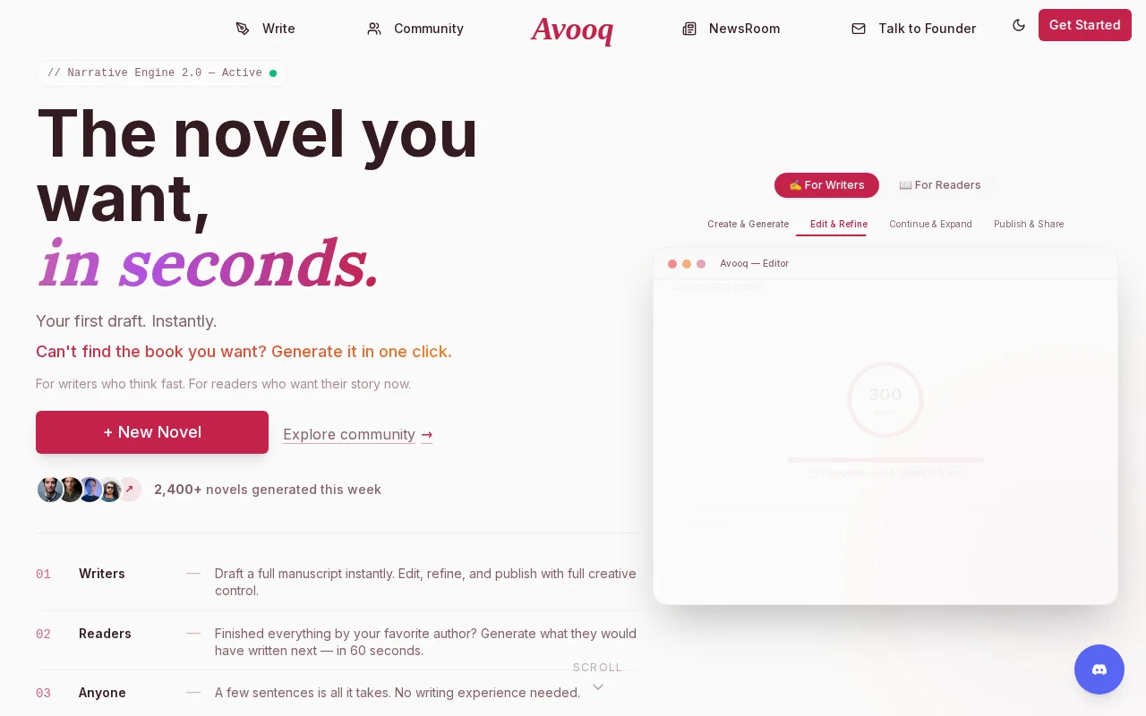Avooq – generate a complete 250+ page novel in one click