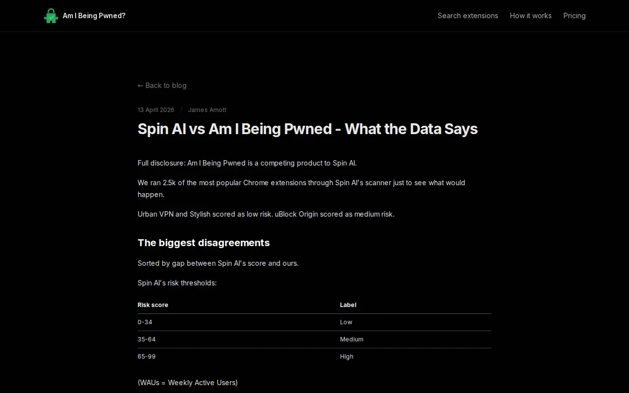 Chrome Extension Scanners, Spin AI vs. Am I Being Pwned