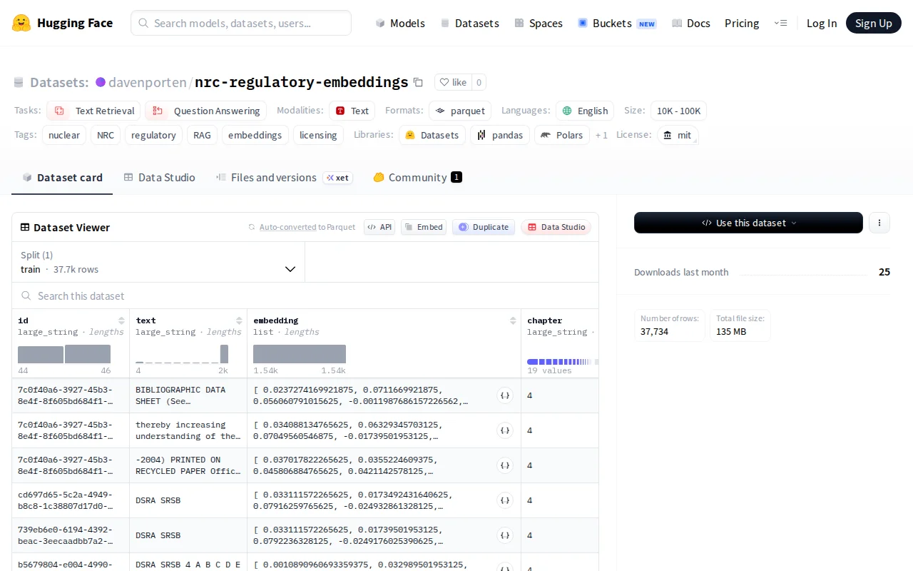 NRC nuclear licensing RAG pipeline and regulatory embeddings dataset