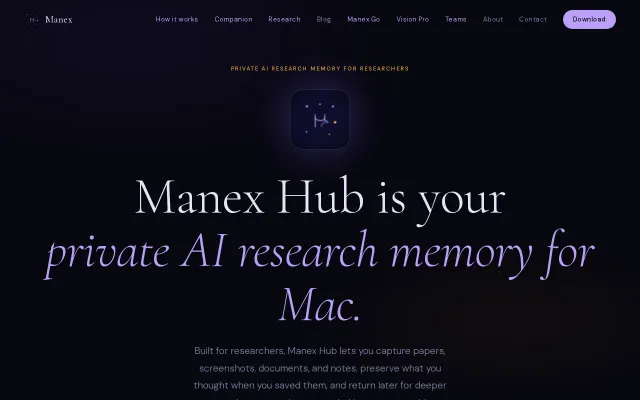 Manex Hub – private AI research memory, on-device