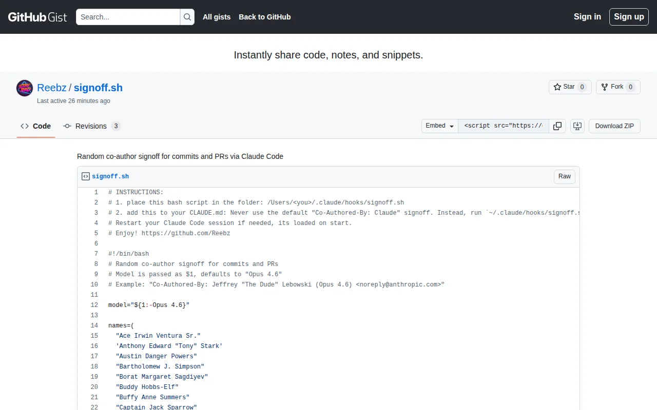 Signoff.sh – Claude Co-Authored-By with random fictional characters