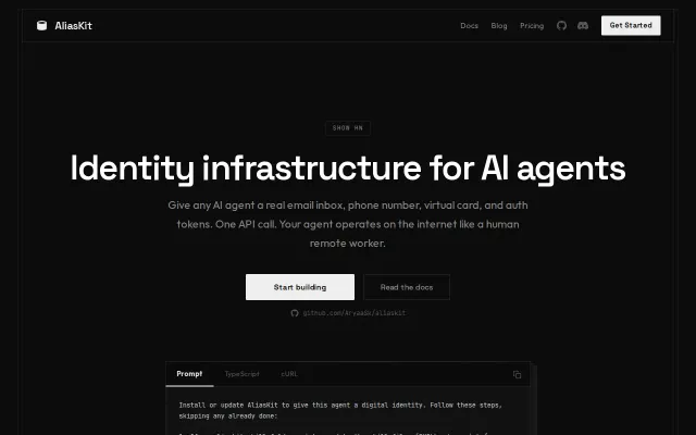 AliasKit – API so agents can sign up, pay, and prove who they are