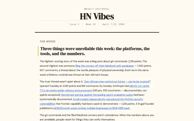 I made a weekly editorial on what HN was feeling and building