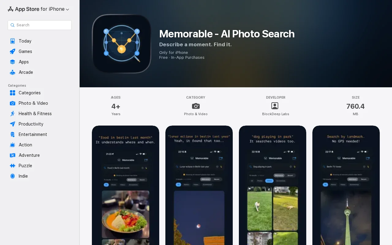 Memorable – On-device AI search for iPhone photos, videos, screenshots