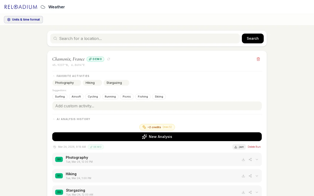 Reloadium Weather: find best time for your favorite outdoor activities
