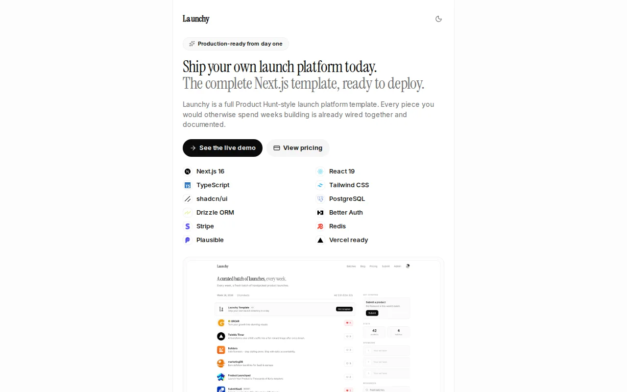 Launchy – A Next.js template for weekly launch directories