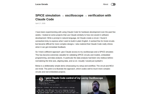 Spice simulation → oscilloscope → verification with Claude Code