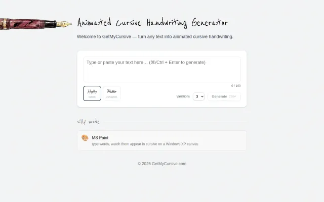 Generate a realistic handwriting animation from any text