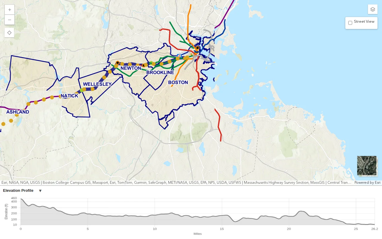 Boston Marathon Course Map with T and Rail Stations