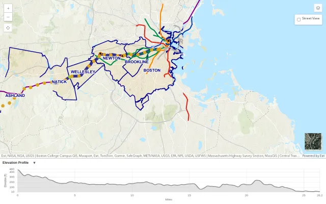 Boston Marathon Course Map with T and Rail Stations